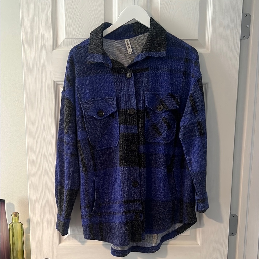 Blue and Black Plaid Button-Up Jacket